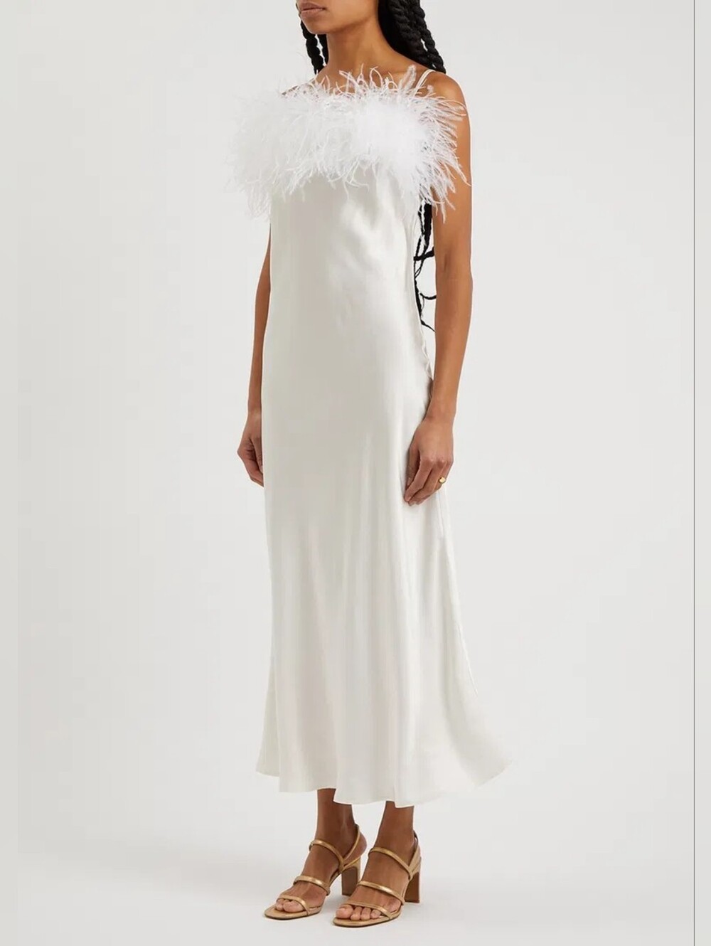 NWT Sleeper Boheme feather trim white satin dress medium wedding bridal bohemian